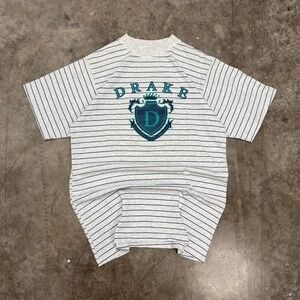 Vintage 90s Drake University Crest Pin Striped Single Stitch Tee Size L